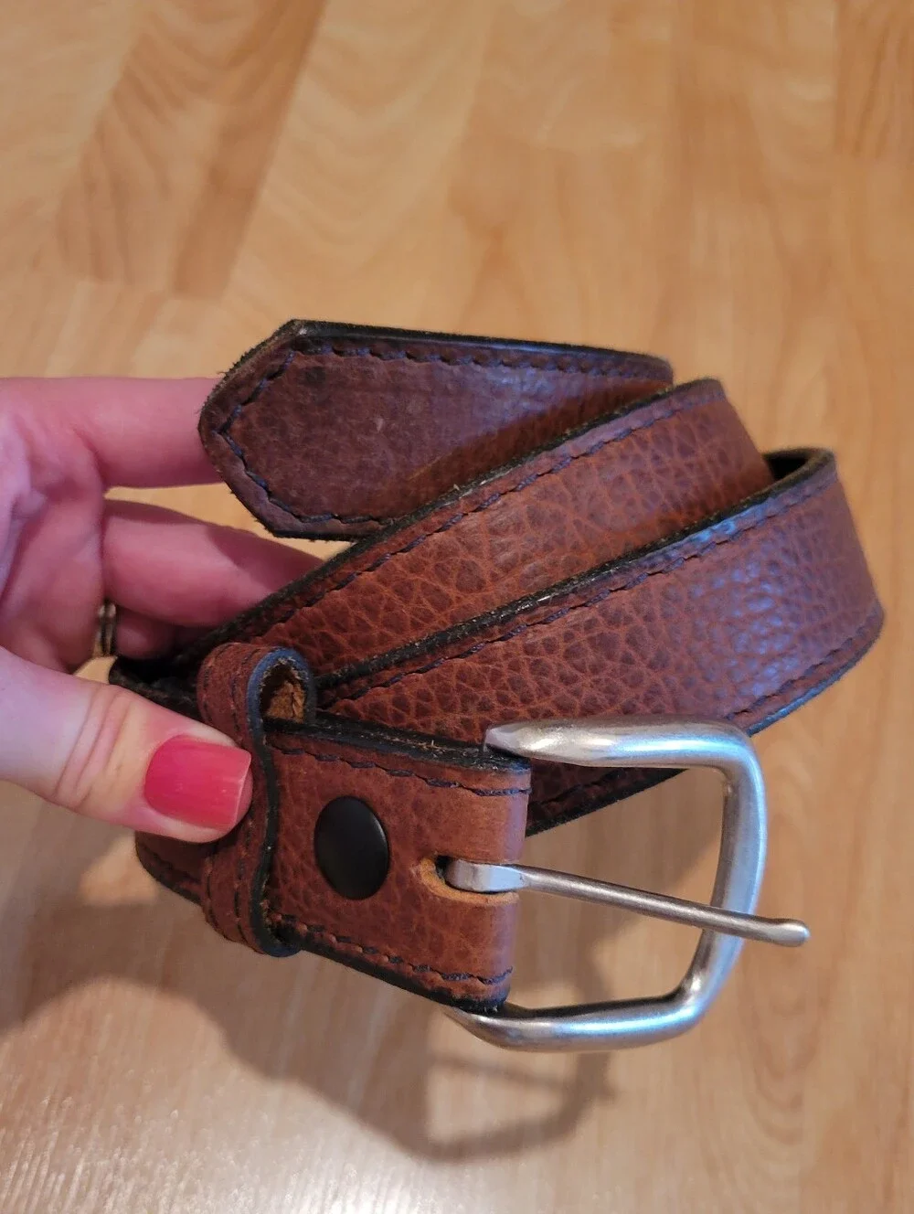 Duluth Trading Co Men's Bison Leather Belt Brown Silver Buckle Size 44